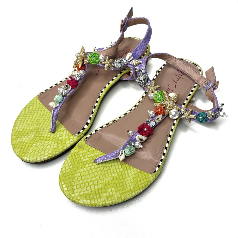 Betsey Johnson Rhianna Sandals Multi Lime Floral Shell Embellished Womens 6.5